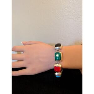 Taxco Mexico 925 Sterling Seven Stone Chunky Thick Link Bracelet